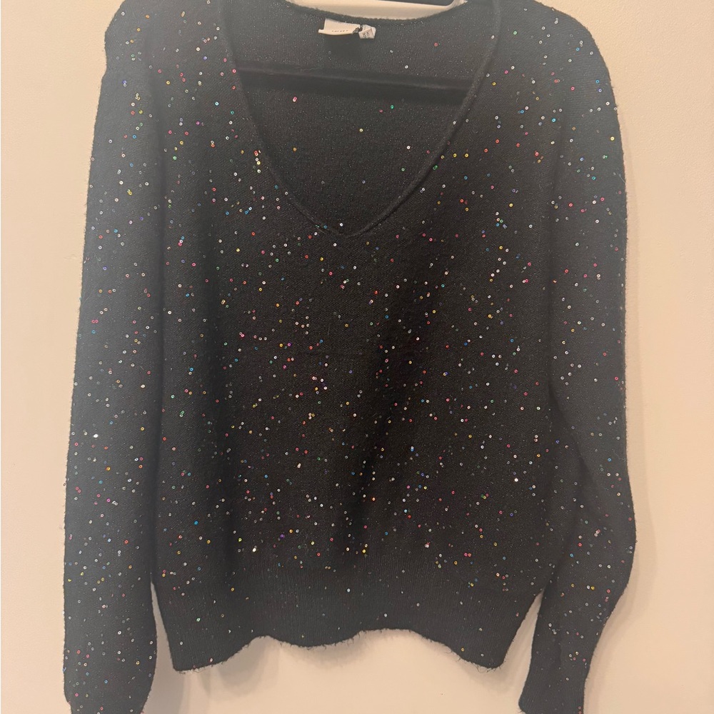 Black V-Neck Sweater with Multicolor Confetti Specks